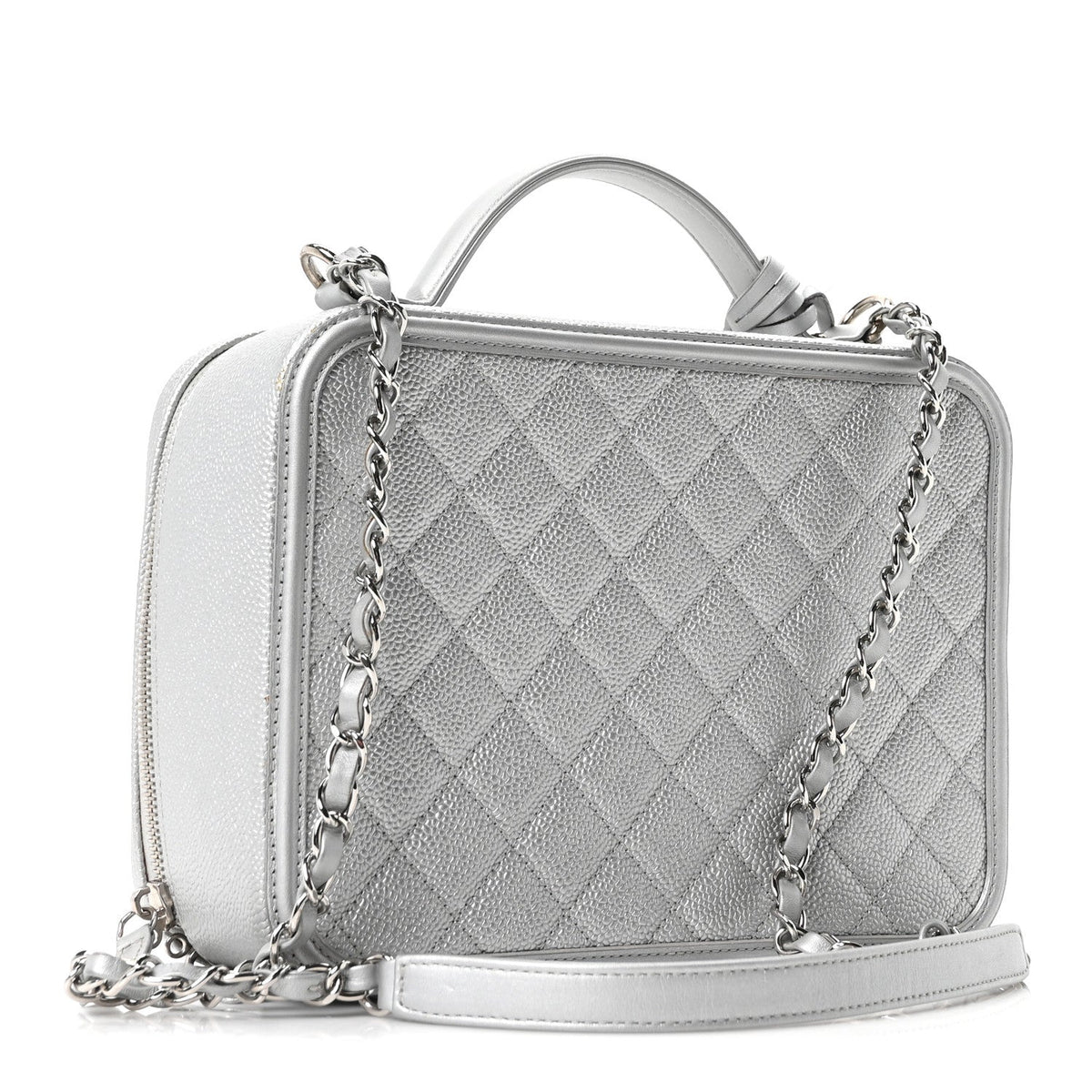 Metallic Caviar Quilted Large CC Filigree Vanity Case Silver