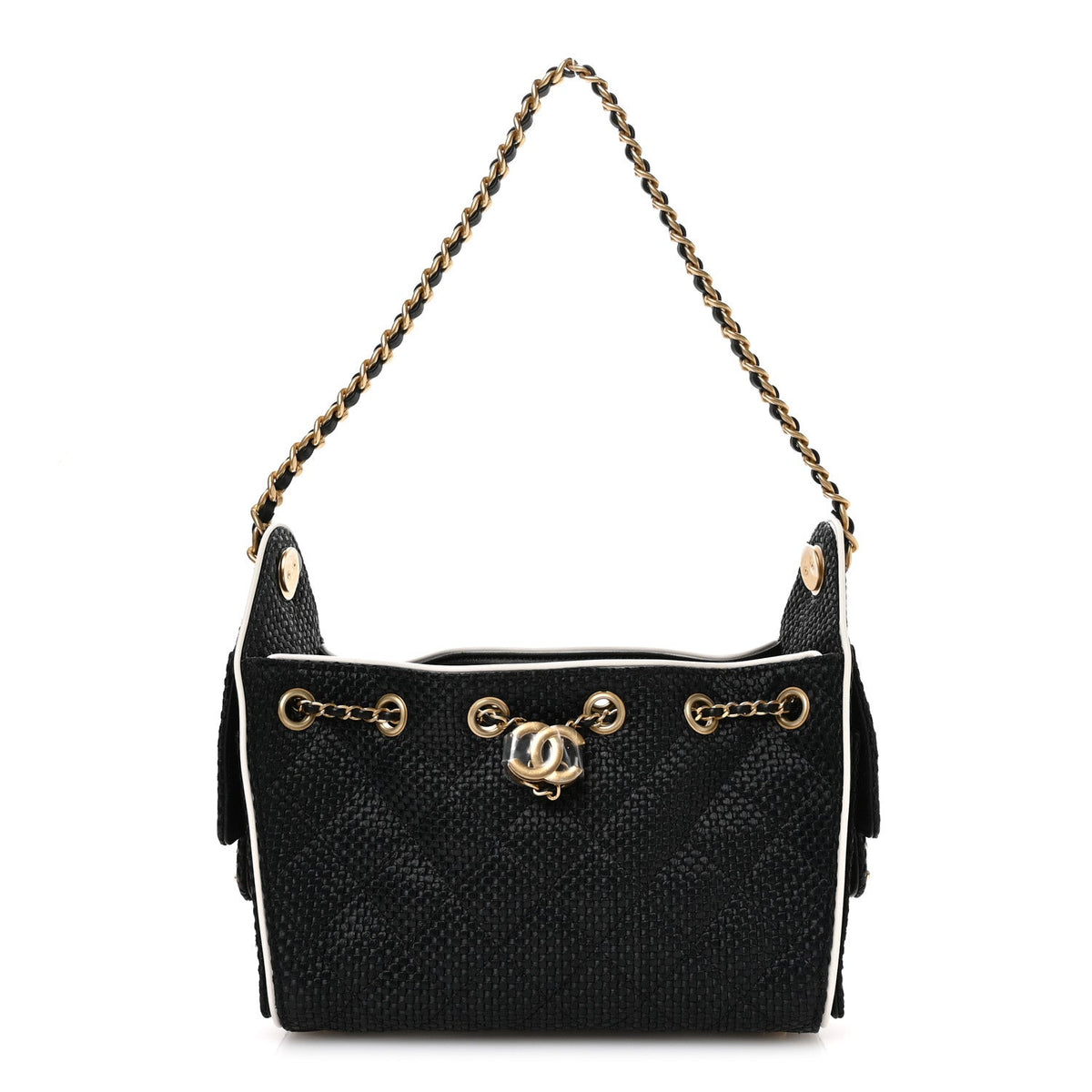 Braided Raffia Calfskin Quilted Mini Chanel 25 Handbag Black White