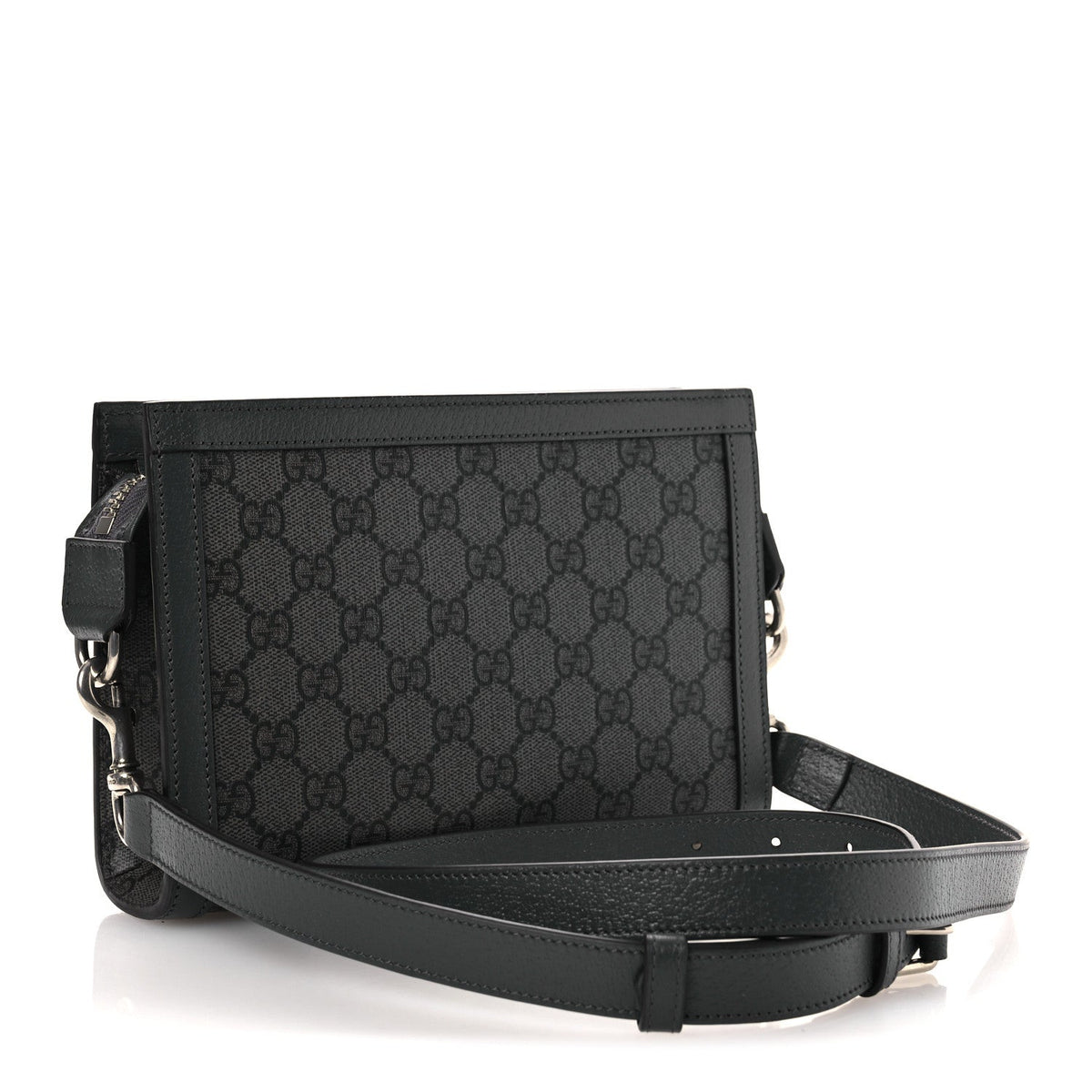 GG Supreme Monogram Textured Dollar Calfskin Web Small Ophidia Shoulder Bag Grey Black Graphite Grey