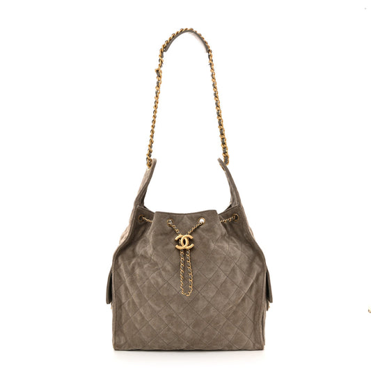 Suede Quilted Medium Chanel 25 Handbag Dark Grey