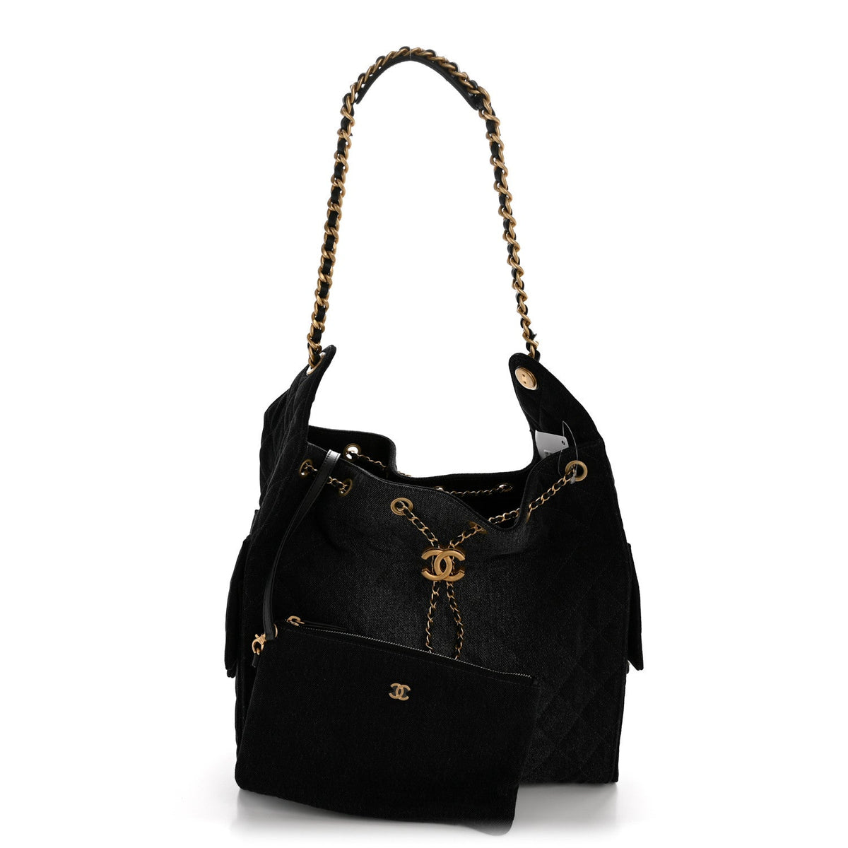 Washed Denim Quilted Medium Chanel 25 Handbag Black