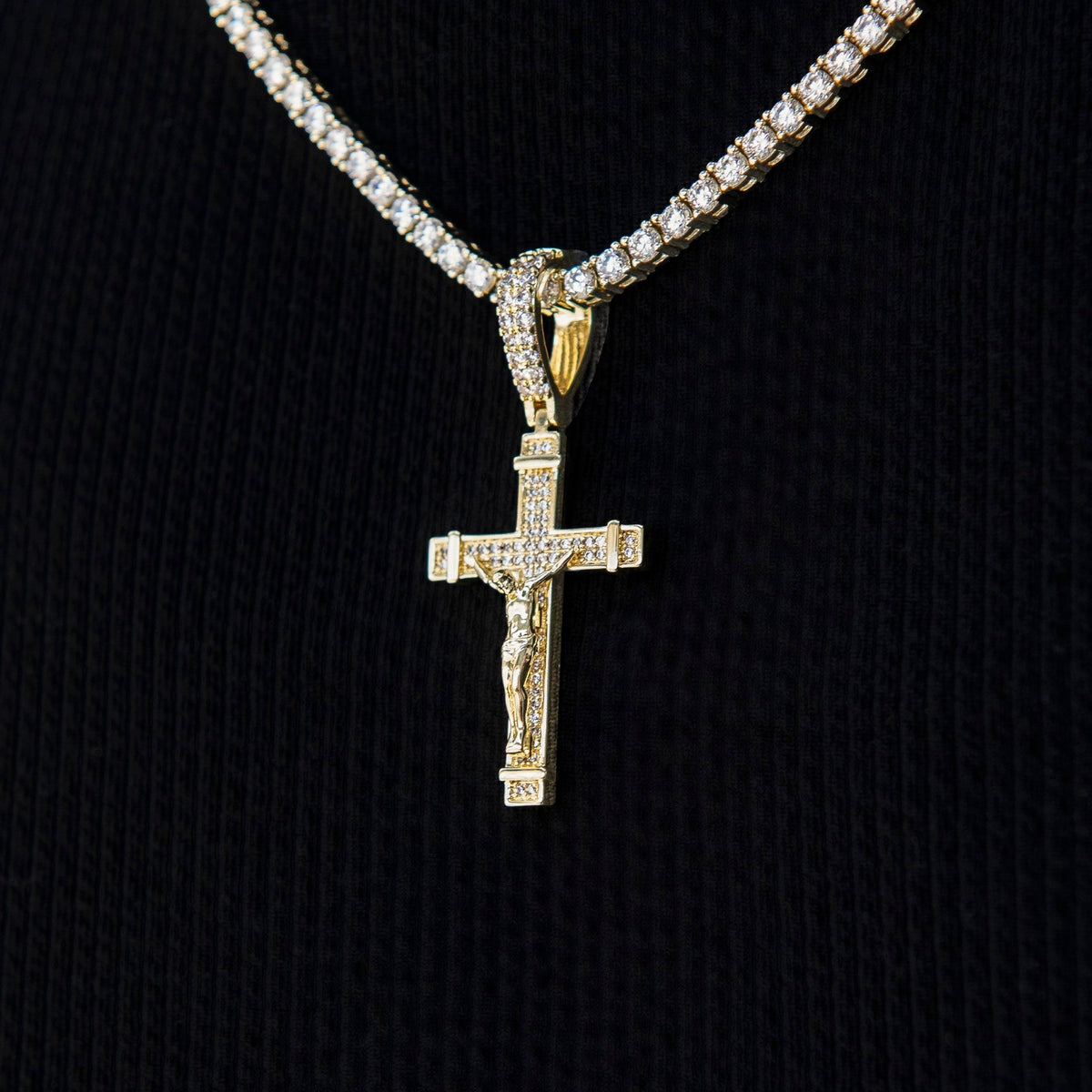 Iced Flat Crucifix Cross Pendant in Yellow Gold