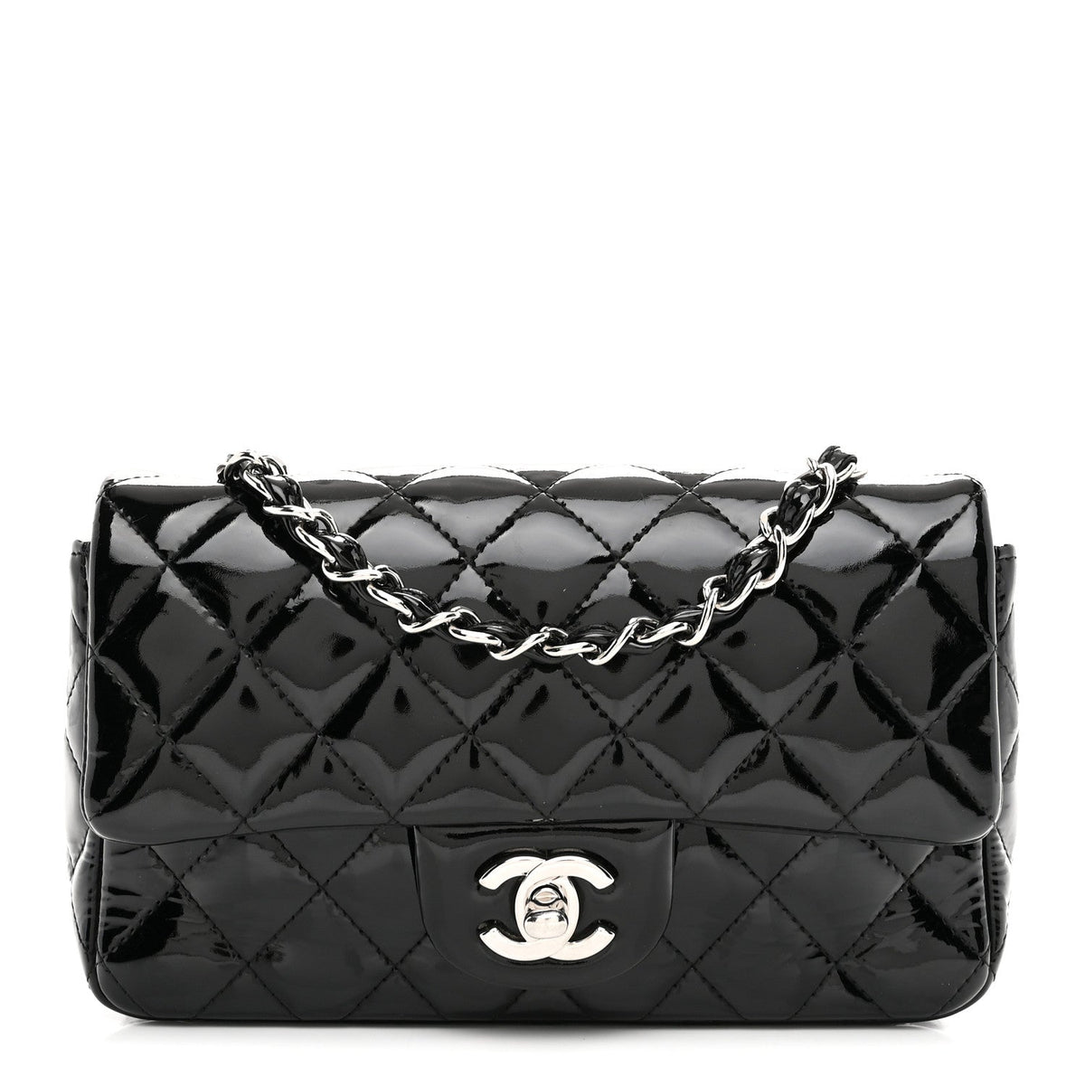 Patent Calfskin Quilted Mini Rectangular Flap Black