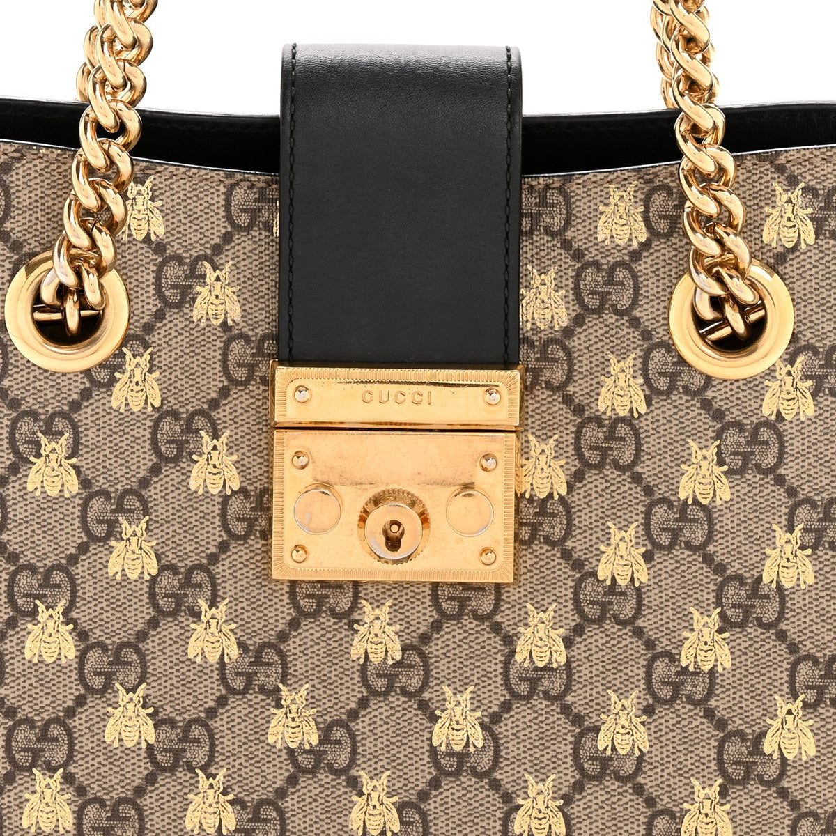 GG Supreme Monogram Bees Small Padlock Tote Beige Oro Black