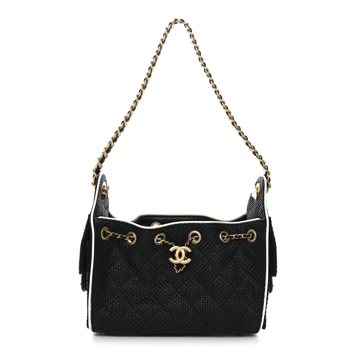 Braided Raffia Calfskin Quilted Mini Chanel 25 Handbag Black White