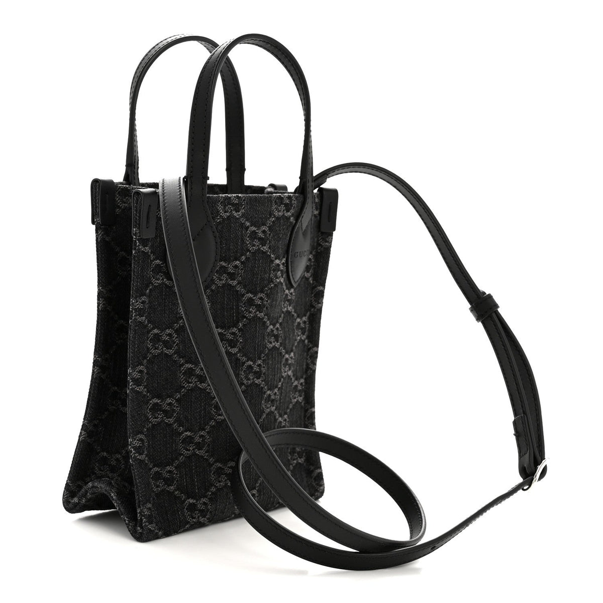 Denim Cuoio Harness GG Monogram Mini Ophidia Tote Bag Black Medium Grey