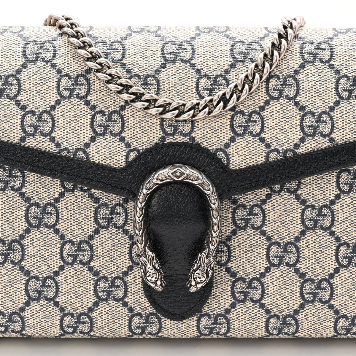 GG Supreme Monogram Textured Dollar Calfskin Mini Dionysus Chain Wallet Beige Blue