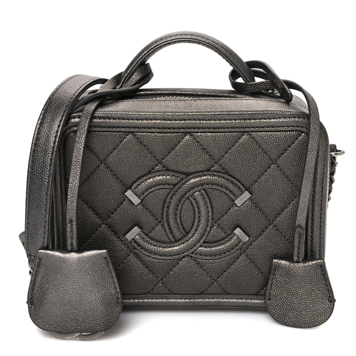 Metallic Caviar Quilted Small CC Filigree Vanity Case Dark Silver