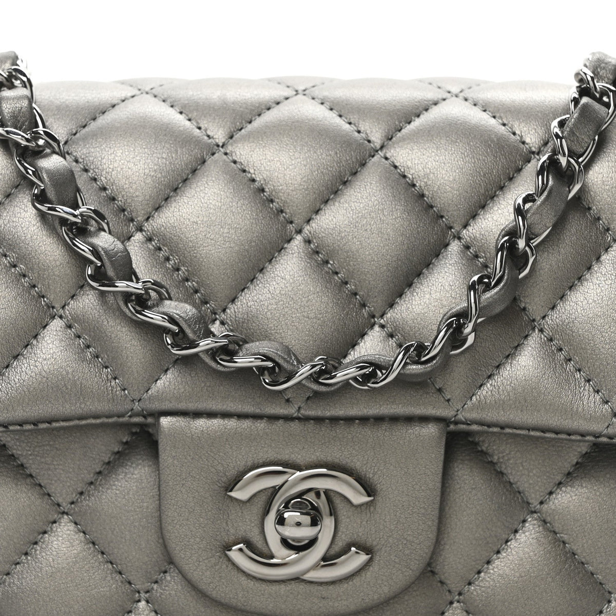 Metallic Lambskin Quilted Mini Rectangular Flap  Dark Grey