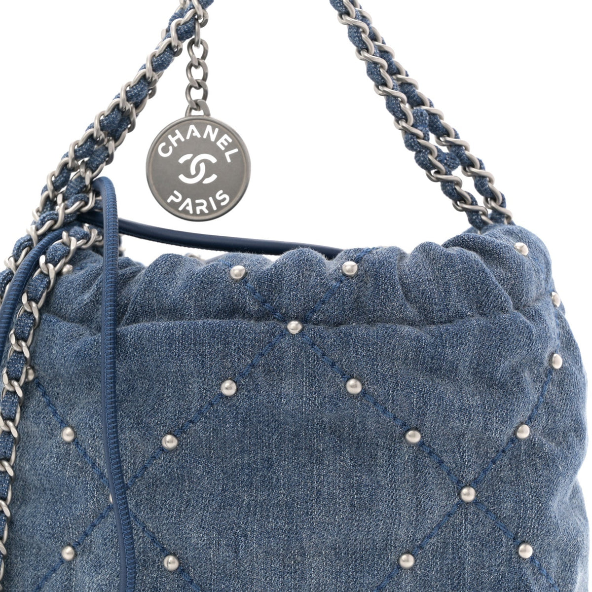 Washed Denim Quilted Studded Mini Chanel 22 Blue