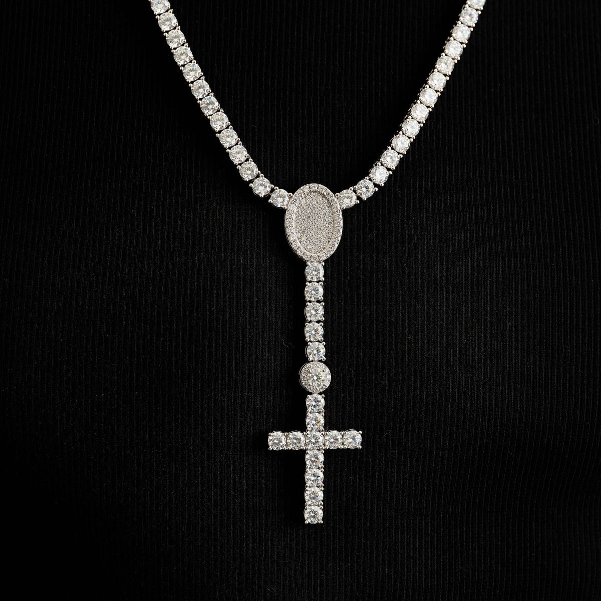 Diamond Eternity Tennis Cross Rosary Lariat in White Gold - 5mm
