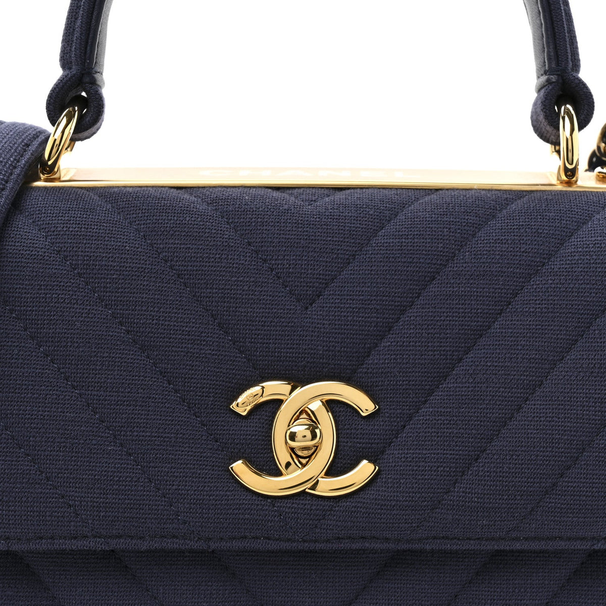Jersey Chevron Quilted Small Trendy CC Dual Handle Flap Bag Navy Blue