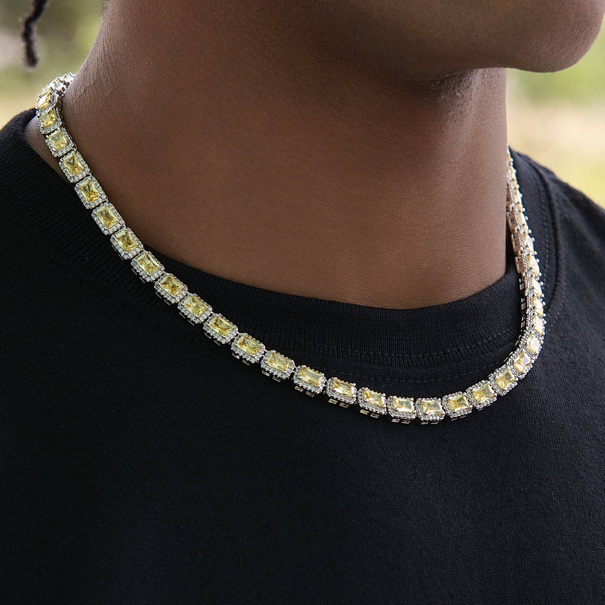 Iced Canary Cushion Cut Tennis Chain in White Gold - 7MM
