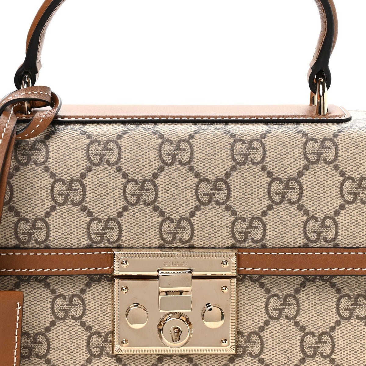 GG Supreme Monogram Small Padlock Top Handle Shoulder Bag Beige Ebony Dark Brown