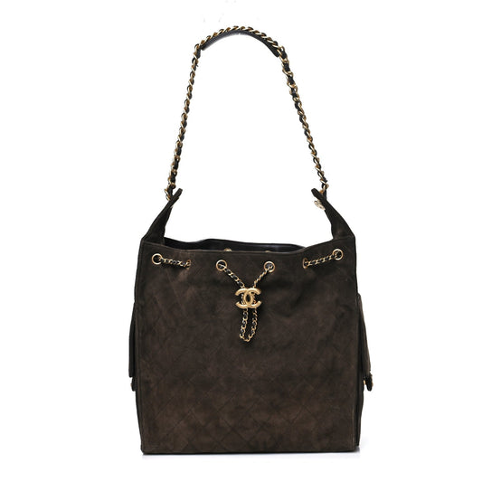 Suede Quilted Medium Chanel 25 Handbag Dark Brown