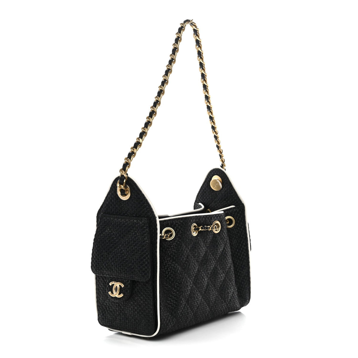 Braided Raffia Calfskin Quilted Mini Chanel 25 Handbag Black White