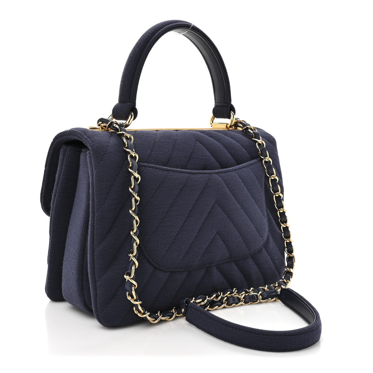 Jersey Chevron Quilted Small Trendy CC Dual Handle Flap Bag Navy Blue