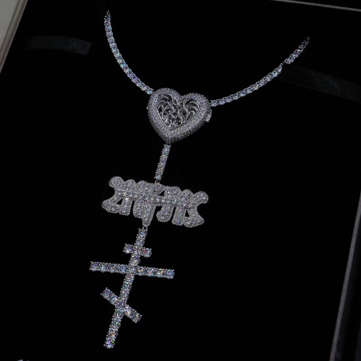 GLD X Bloody Osiris Iced Locket Rosary Chain in White Gold