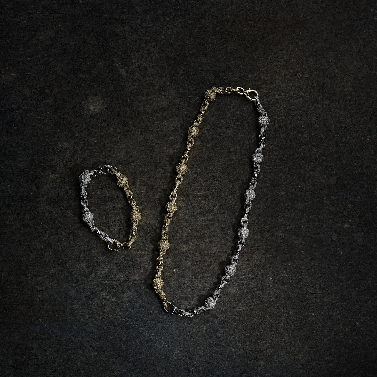 GLD X Bloody Osiris Dual Finish Moissanite Ball Chain in White and Yellow Gold Vermeil