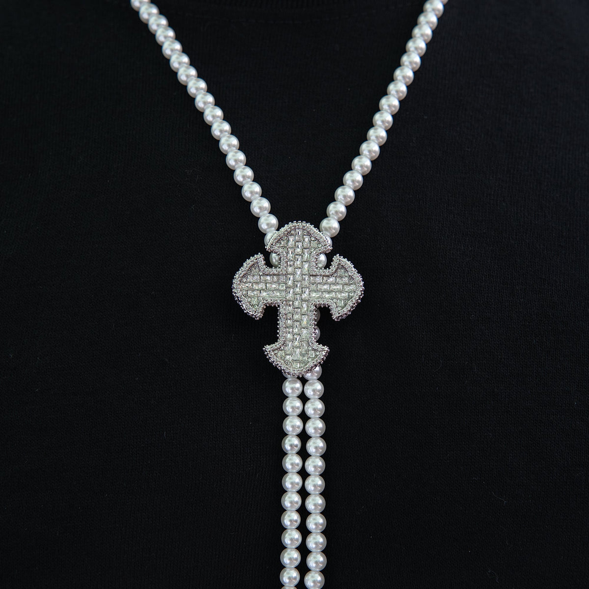 Iced Cross Pearl Bolo Chain in White Gold
