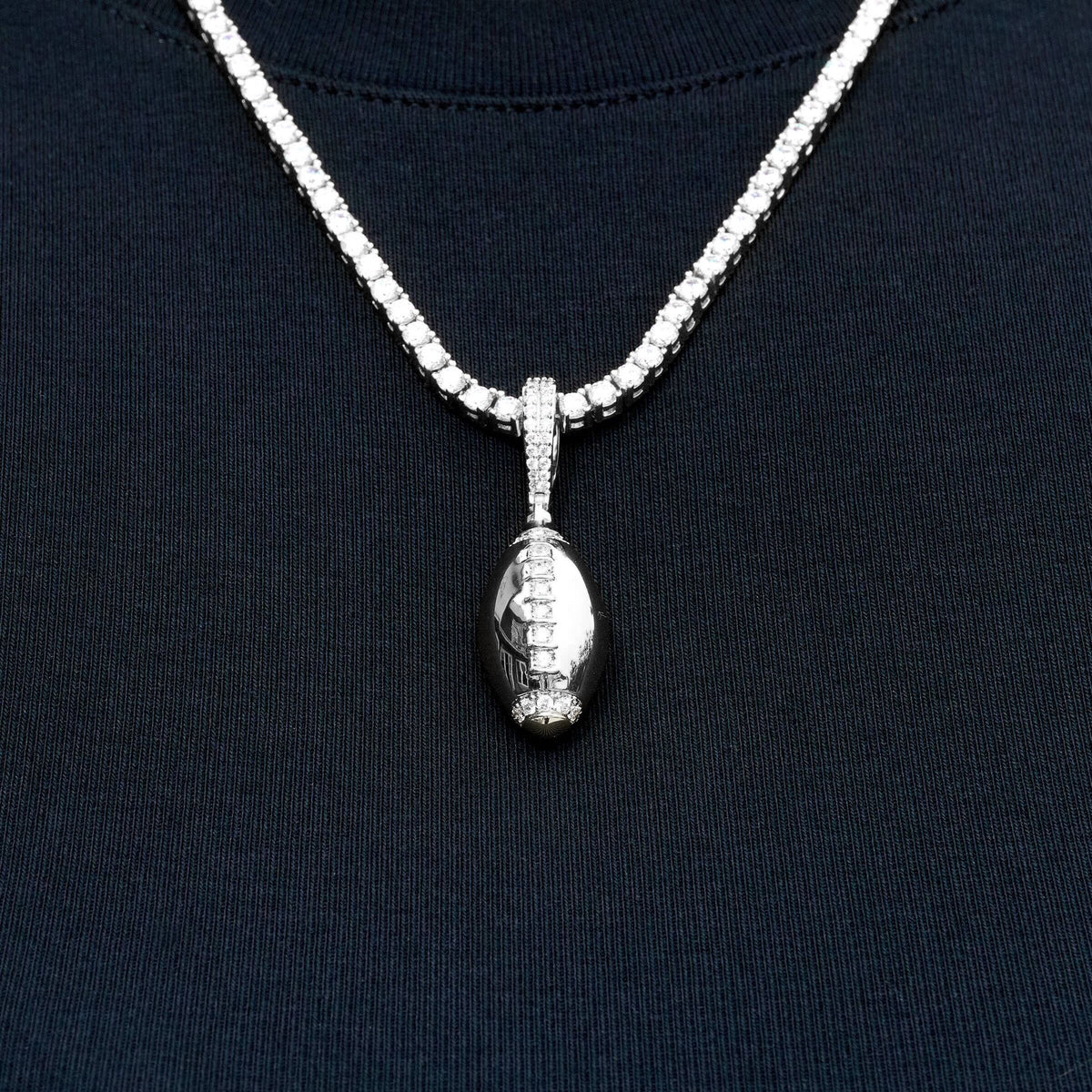 Iced Stitched Football Pendant in White Gold