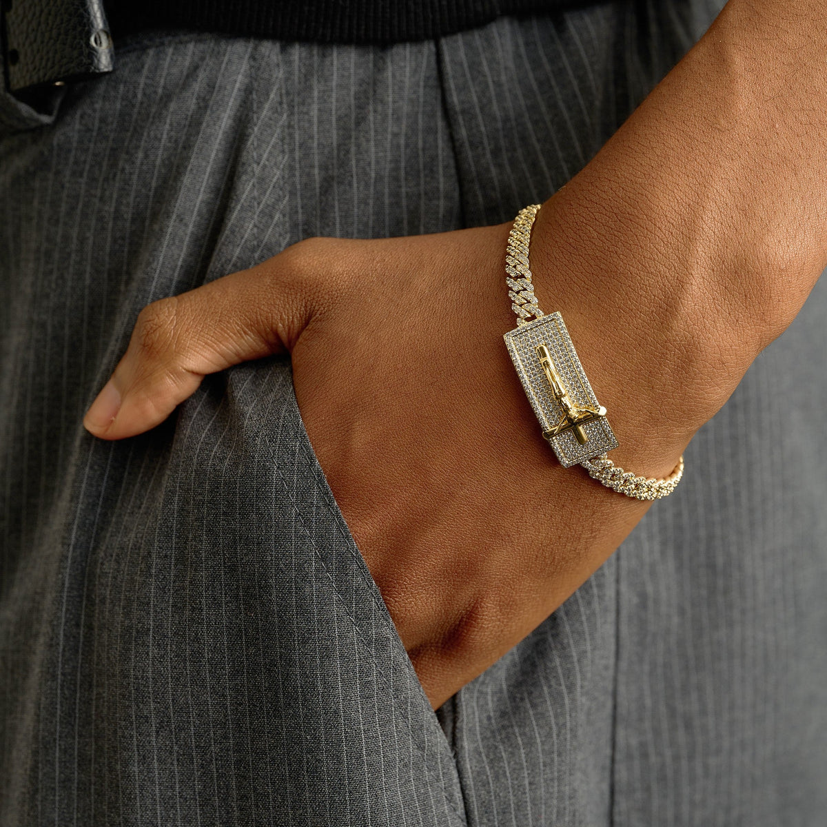 Iced Crucifix Cross Plate Bracelet in Yellow Gold