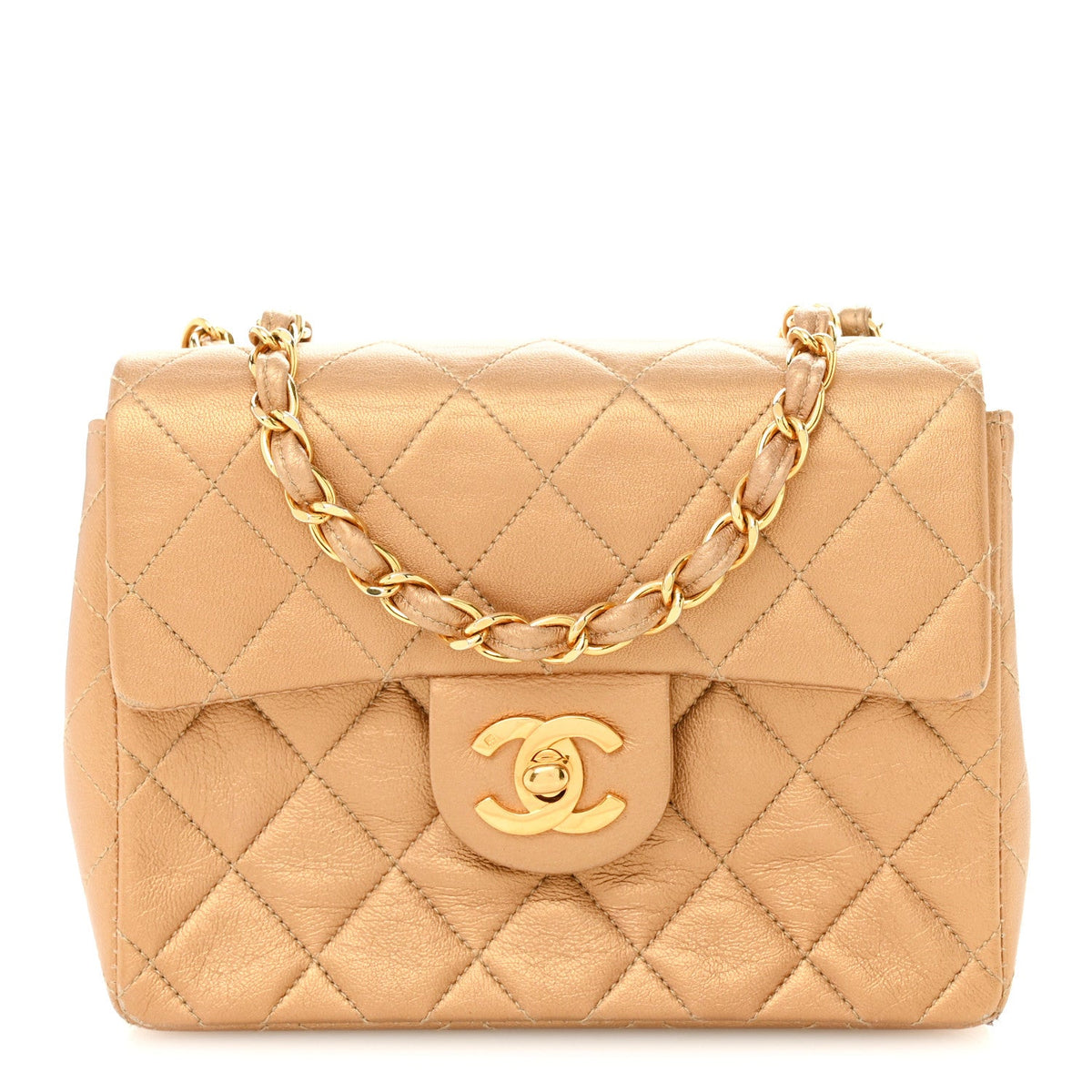 Metallic Lambskin Quilted Mini Square Flap Bronze