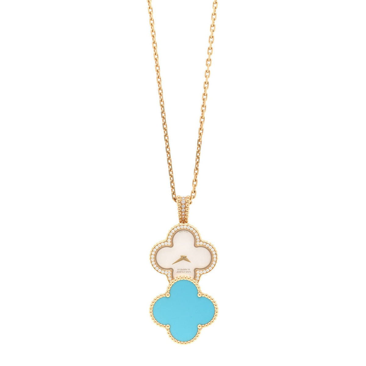 18K Yellow Gold Diamond Turquoise Mother of Pearl 28mm Alhambra Secret Pendant Quartz Watch