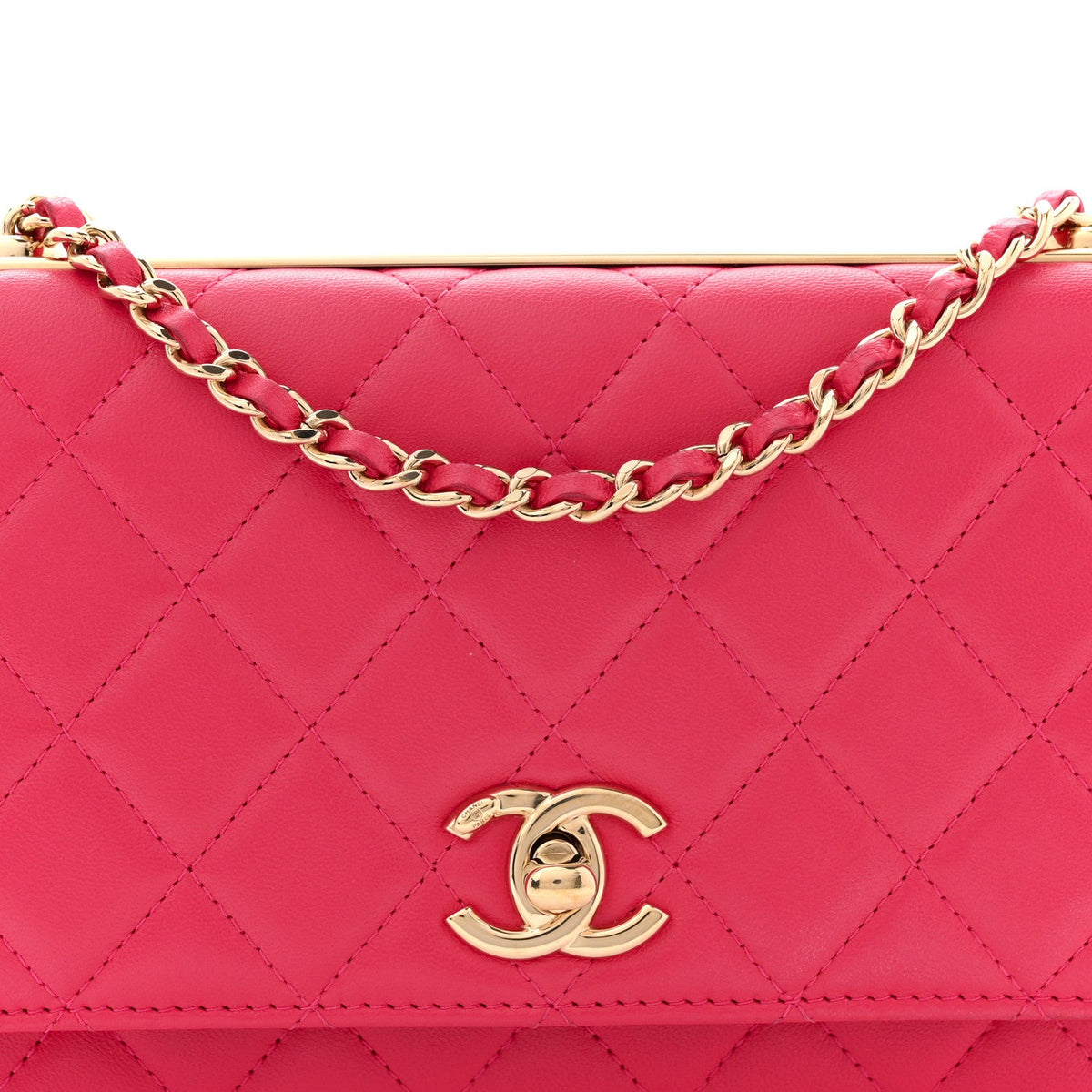 Lambskin Quilted Trendy CC Wallet On Chain WOC Dark Pink