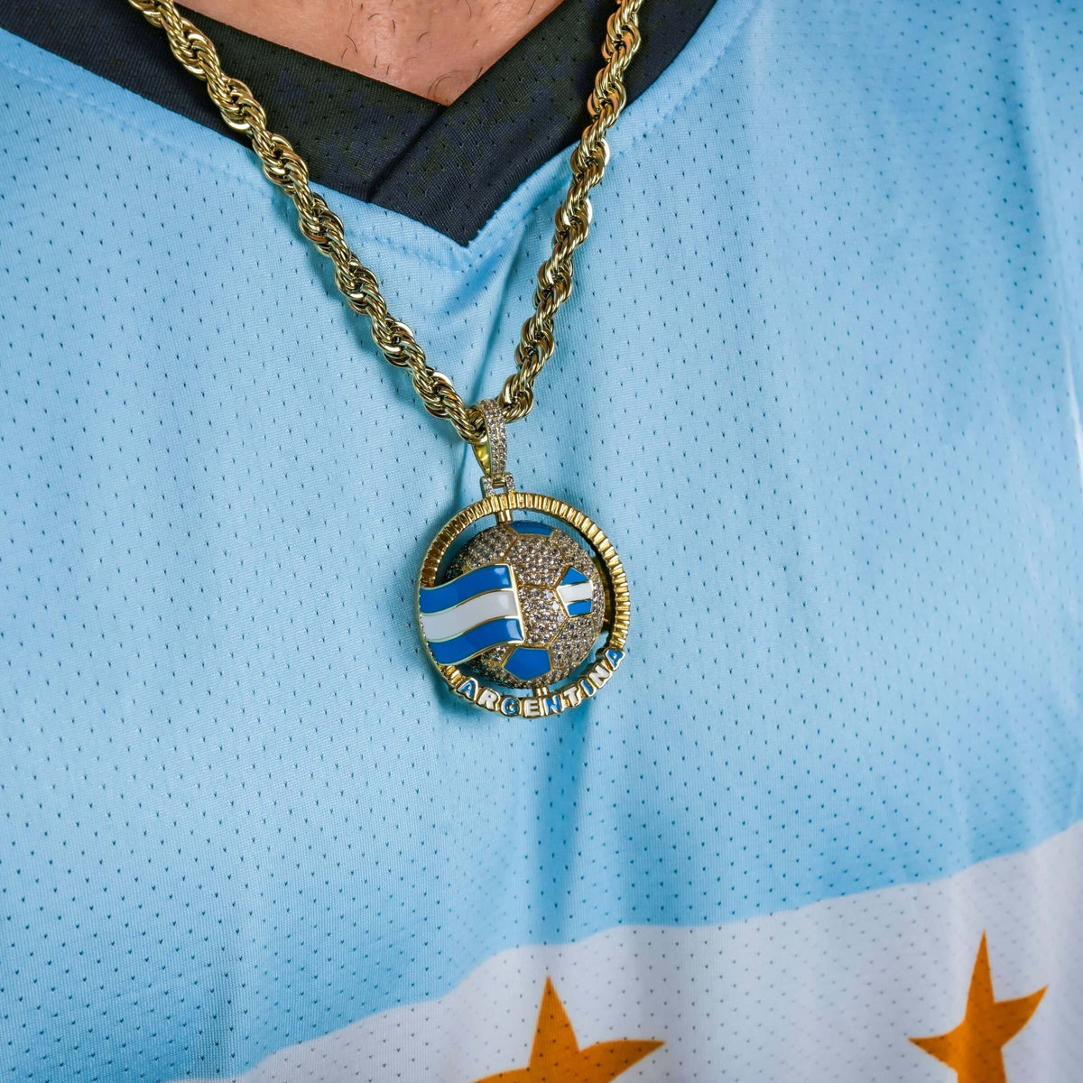 Diamond Argentina Spinning Globe Flag Pendant in Yellow Gold