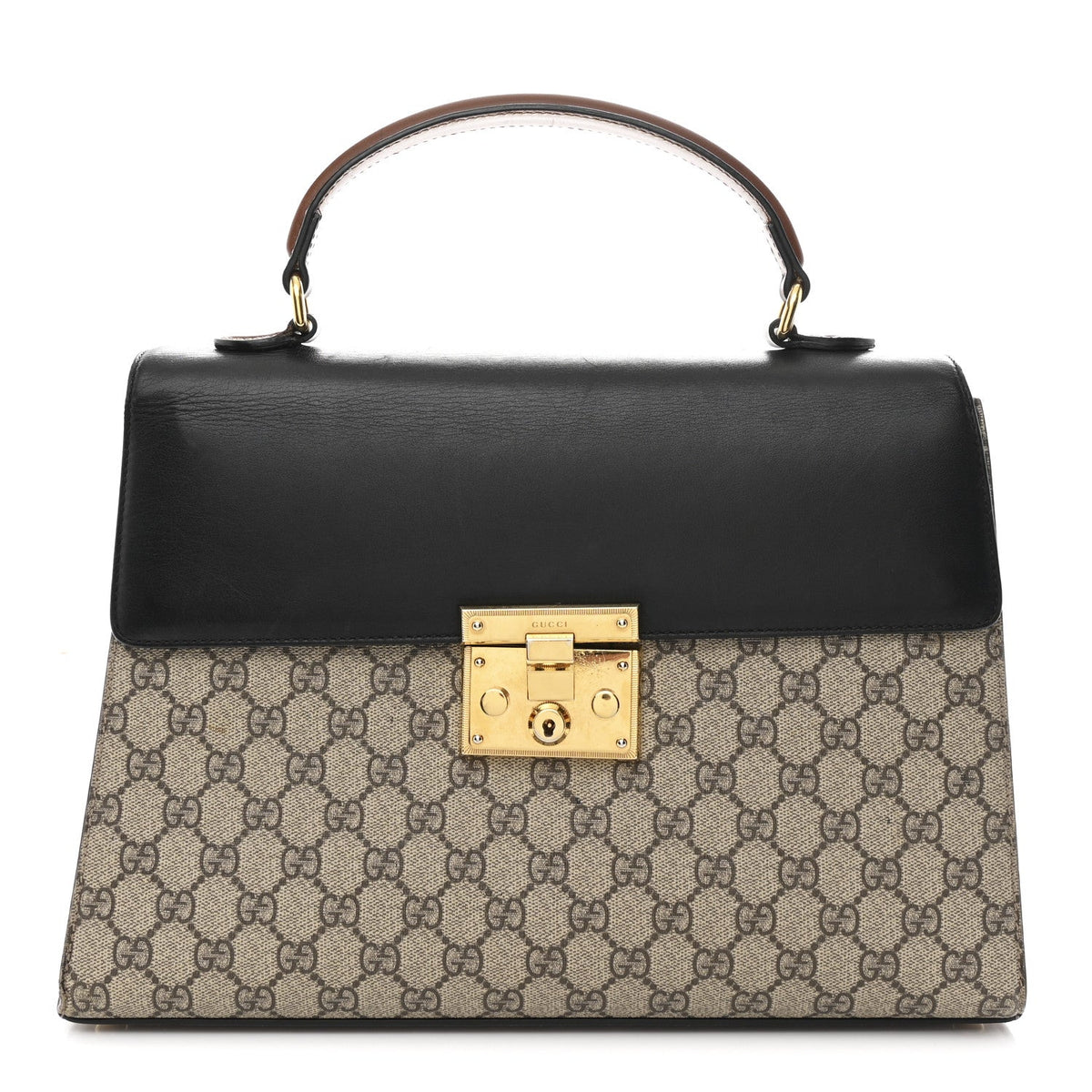 GG Supreme Monogram Calfskin Medium Padlock Top Handle Bag Beige Black Cuir