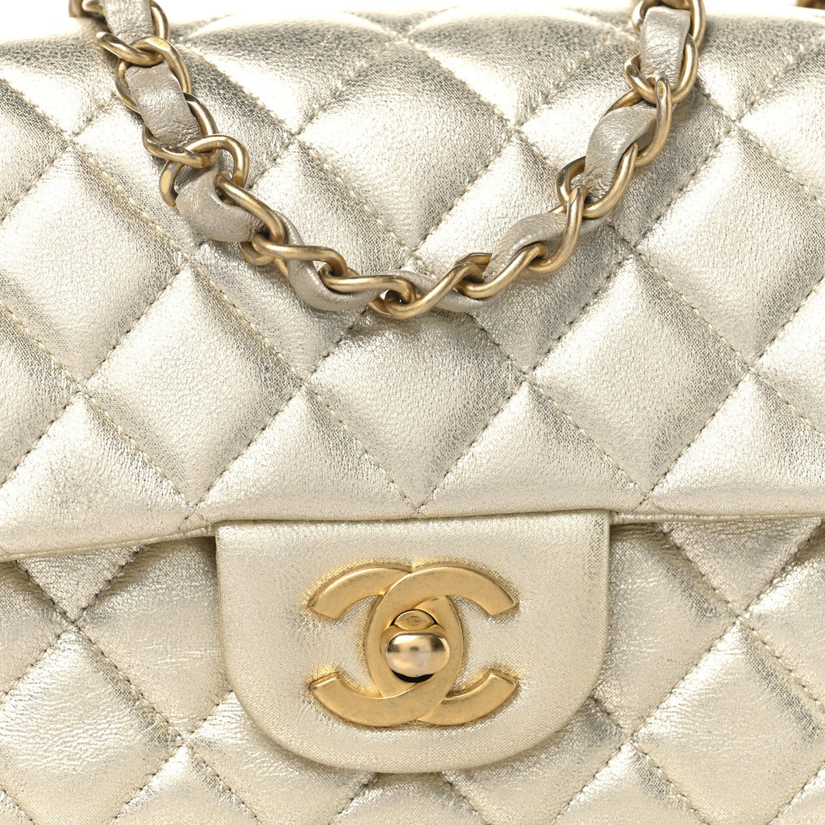 Metallic Lambskin Quilted Mini Rectangular Flap Gold