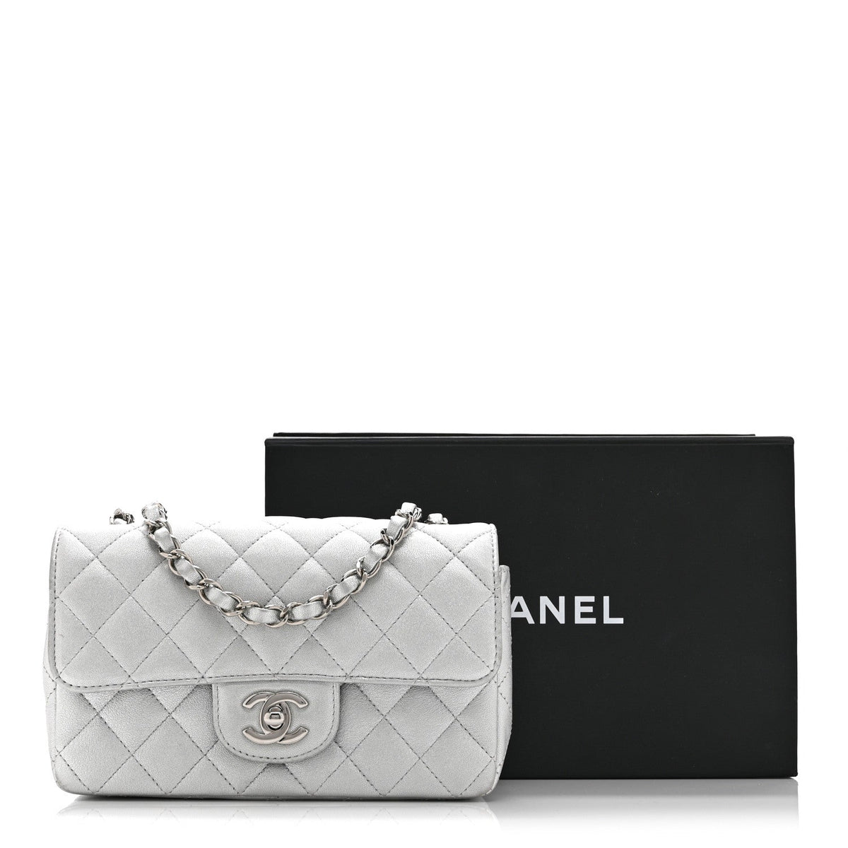 Metallic Lambskin Quilted Mini Rectangular Flap Silver
