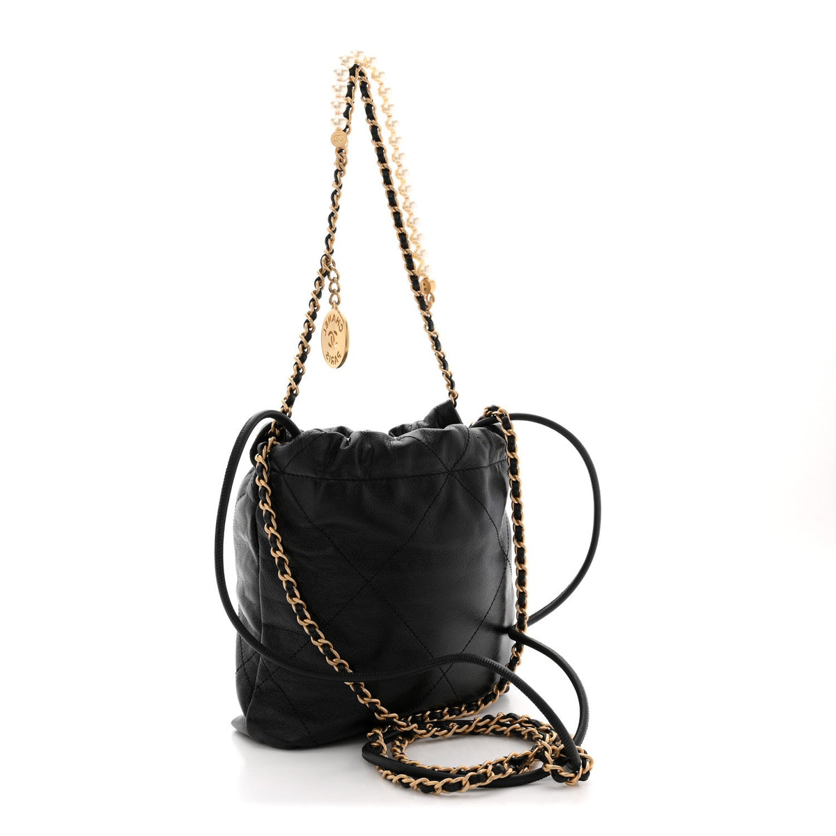 Shiny Crumpled Calfskin Quilted Pearl Mini Chanel 22 Black