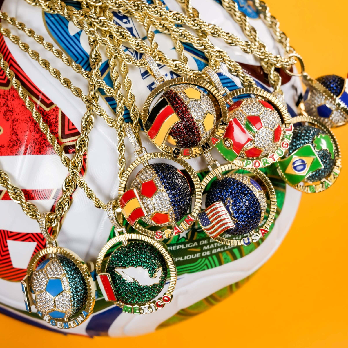 Diamond Portugal Spinning Globe Flag Pendant in Yellow Gold